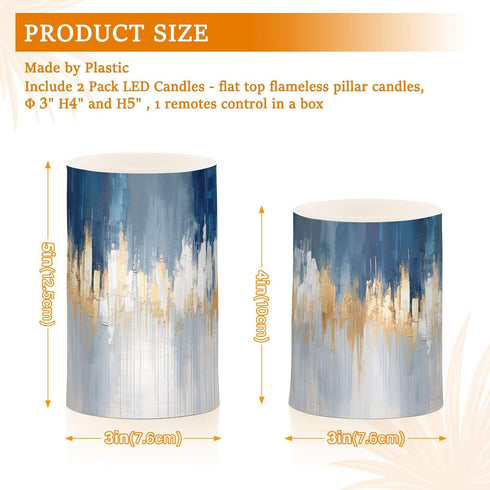 BOESI 3'' 4''/5'' Set 2 Abstract Oil Painting in Blue Flameless Candles Color Changing LED Candles with Remote Control
