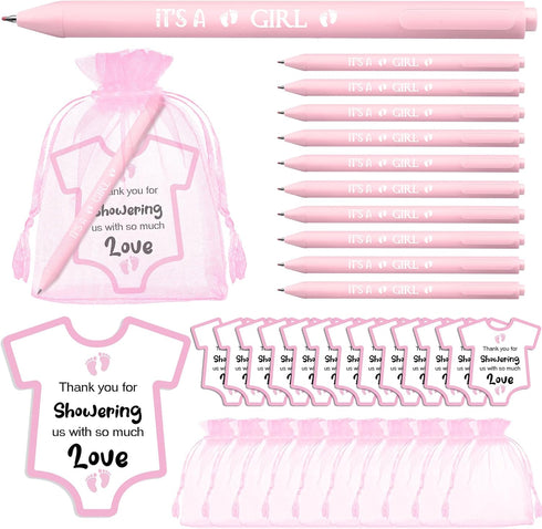 TaoBary 50 Sets Cute Pink Retractable Ballpoint Pens, Baby Shower Cards & Organza Bags, Gifts for Guests