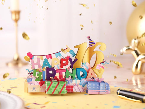 Liif Happy 16th 3D Greeting Pop Up Birthday Card, Large Size 8 x 6 inch for Girl, Boy, Son, Daughter