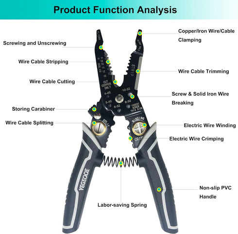 9-in-1 Wire Stripper Tool, 8inch Multifunctional Electrician Pliers for Electrical Cable Stripping, Cutting, Crimping