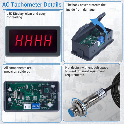 Digital LED Tachometer, Icstation RPM Speed Meter AC 110V 220V with Hall Proximity Switch Sensor NPN for Lathes