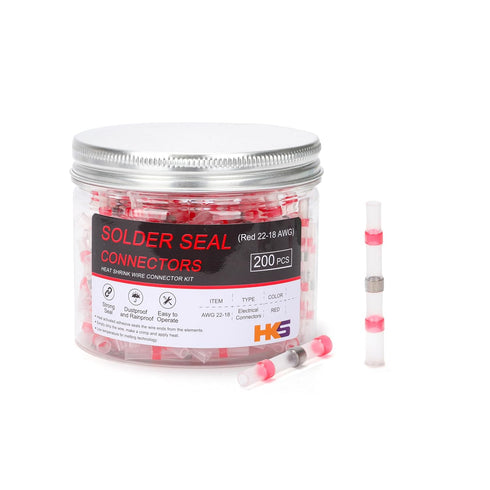 HKS 200 PCS Solder Seal Wire Connectors, Red 22-18 AWG Heat Shrink Solder Butt Connectors for Automotive Marine