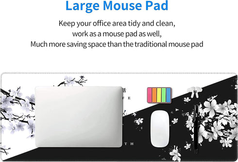 Black White Cherry Blossom Mouse Pad - Japanese Sakura Extended Desk Mat 80X30 cm for Gaming Laptop Desktop