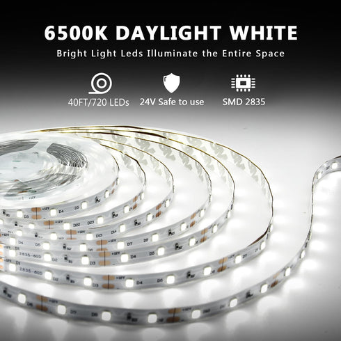 40ft Dimmable 6500K 24V, 720 2835 Decoration(2 20ft) dalattin White LED Strip Lights, LED Light Strip Bright Daylight