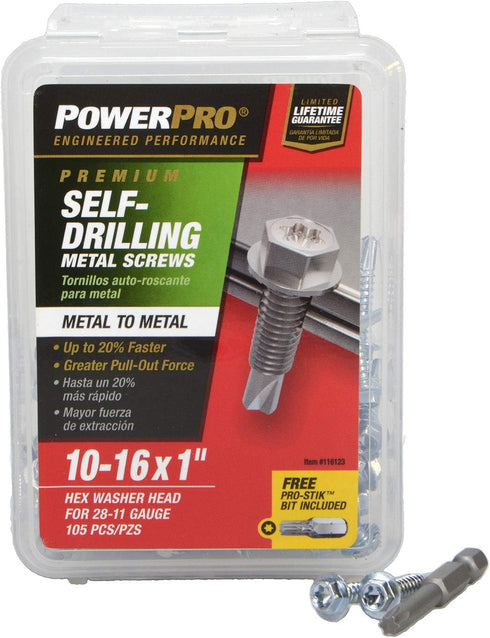 Power Pro Premium Self-Drilling Metal Screws, Zinc Plated Steel, Box of 105 Screws, #10 x 1 inch