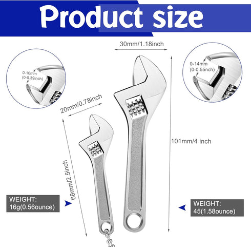 Adjustable Mini Nut Wrench, Silver Shifting Spanner for Automotive Repair Maintenance (2, 2.5 Inch, 4 Inch)