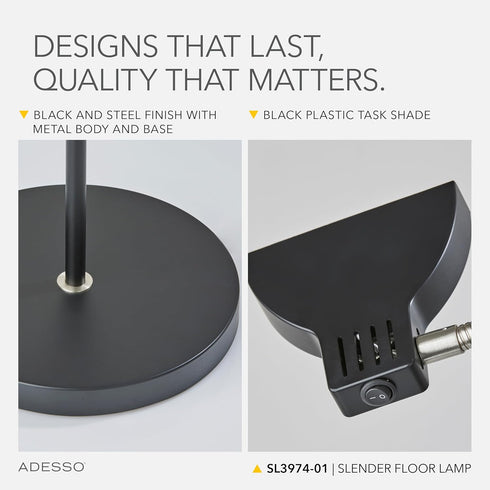 13.5 Adesso LED Desk Lamp with Adjustable Gooseneck Arm Focused Bright Light, Modern Black & Steel Finish, Slim Space