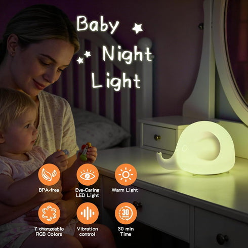 15-Min 7 4 Baby Night Light for Nursery, Smart Voice Activated Elephant Lamp with Auto-Shut Off, Color Changing
