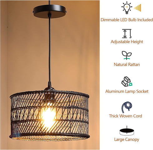 12.4" HOONEX Rattan Chandelier, Rattan Light Fixture Ceiling, Wicker Pendant Light for Dining Room Bedroom Kitchen