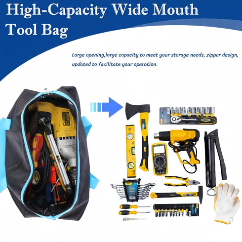 Wide Mouth Tool Bag, Heavy Duty Tote Bag for Men, High Capacity Organizer for Electricians Mechanics Carpenters (12