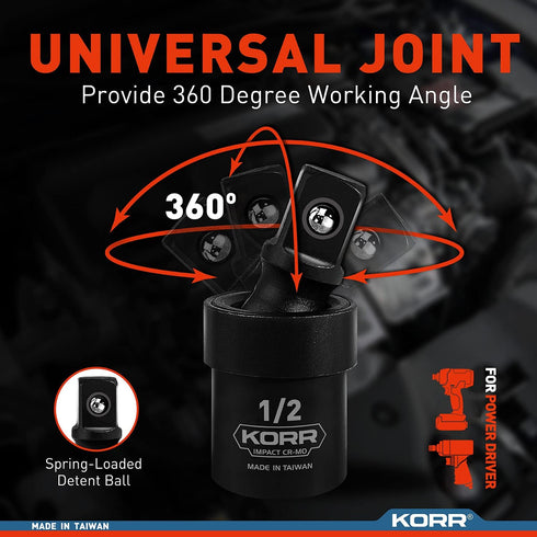 KORR Tools KSS007 3pc Impact Grade Universal Joint Swivel Socket Set - 1/4-Inch, 3/8-Inch, 1/2-Inch Drive