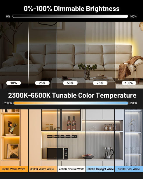 Pak 16.4ft, Dimmable 2300K-6500K, 24V 3040 36W 90, COB LED Strip Lights White CCT Tunable DC High Lumen Cuttable LED