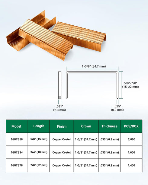 meite 16GCS34 16 Gauge 1-3/8" Crown 3/4" Length Copper Coated Carton Closing Staples for Pneumatic & Manual 1600 PCS/BOX (1 Box)