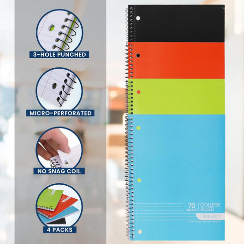 Spiral Notebooks, 1-Subject Notebook, College Ruled Spiral Notebooks - 70 Sheets - 3 Hole Punched, 1 Subject Notebooks