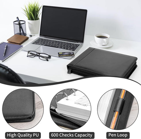 Smarpau Business Checkbook Binder, 7 Ring PU Leather, Holds 600 Checks, Black