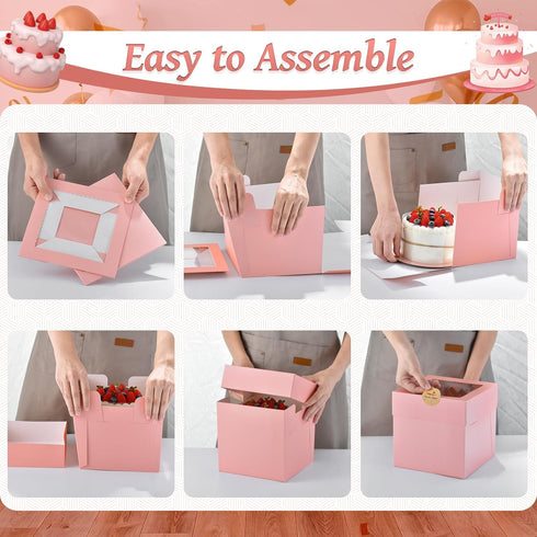 12Pcs Pink Square Cake Boxes with Window, 8x8x8 Inches Disposable Bakery Carrier for Pastries, Cookies, Cupcakes,