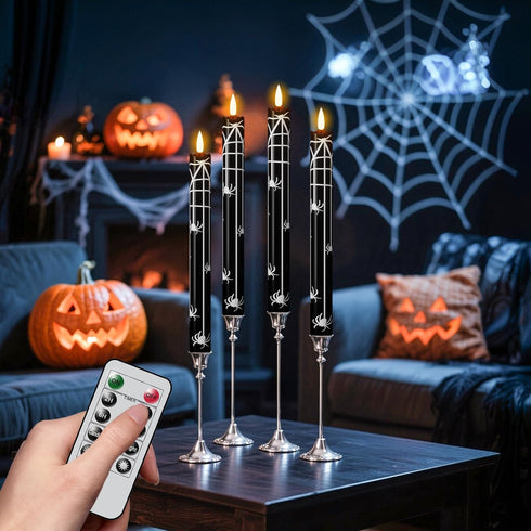 Set 4 Eldnacele Halloween Flameless Flickering Taper Candles with Remote and Timer, Battery Operated Spider Web Decal