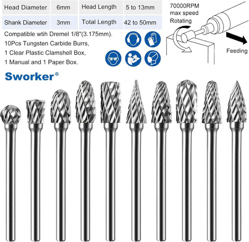 10 Pcs Carbide Burr Set 1/8" Shank Compatible with Dremel Milwaukee Bits Rotary Tools Attachment Kit for Metal, Wood,