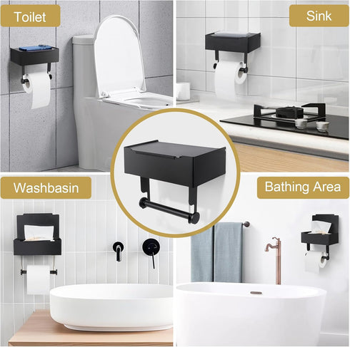 Beileqi Matte Black Toilet Paper Storage Holder with Shelf for Wet Wipes, Sanitary Tampon, Trash Bags, Bathroom Wipes