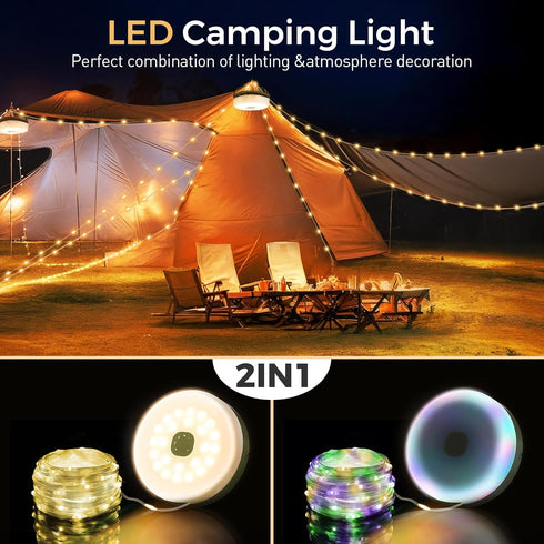 32.8FT 8 Camping String Lights, Quick Storage Rechargeable Tent Lights String with Modes, Hanging Waterproof Portable