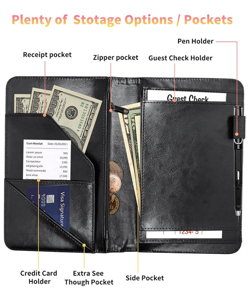 Mxfdegf 7 Server Book for Waitress, Waiter Book Server Wallet Fit Serving Aprons, PU Leather with Zipper and Large