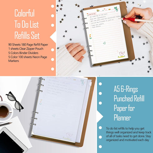 Rancco A5 Planner Inserts To Do List, 90 Pages Colorful 6-Ring Loose-leaf Refills with Binder Divider, Zipper Pouch,