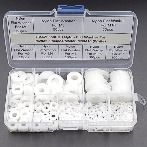 550PCS Nylon Flat Washer Assortment Kit for M2 M2.5 M3 M4 M5 M6 M8 M10 Screw/Bolt (White)