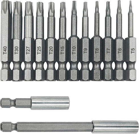 12 Pcs Torx Head Screwdriver Bit Set, 2 Sizes Magnetic Drill Bit Extension Holder, S2 Security Tamper Proof Kit