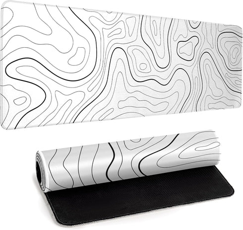 White Big Mousepad for Gaming, Large Topographic Map Washable Desk Pad, Office Supplies and Decor, 31.5''x11.8''
