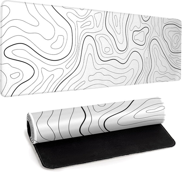 White Big Mousepad for Gaming, Large Topographic Map Washable Desk Pad, Office Supplies and Decor, 31.5''x11.8''