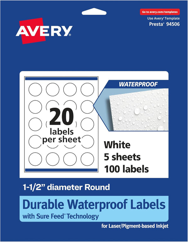 Avery Durable Waterproof Round Labels - Sure Feed Technology, Print-to-The-Edge, 1.5" Diameter, 100 Total, Oil and