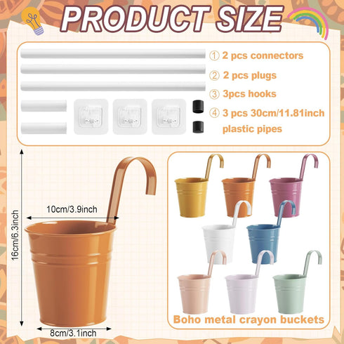 8 OBUSATT PCS Boho Metal Pencil Holder with Pipes Back to School Hanging Iron Small Pails Colors Crayon Organizer First