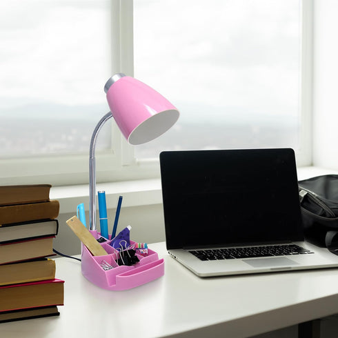 LD1067-PNK Simple Designs Compartmental Desk Lamp with iPhone/iPad/Tablet Stand, Bendable Gooseneck, for Office, Living