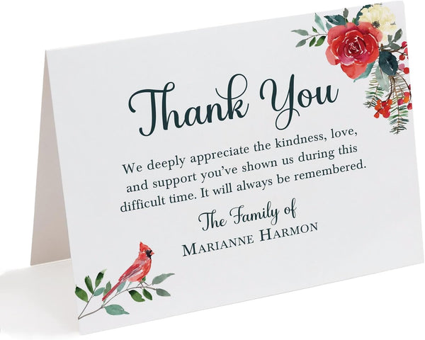 Folded Sympathy Thank You Cards - Cardinal & Red Floral Watercolor Design,