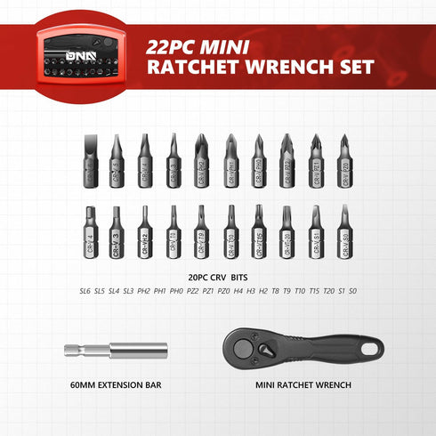 DNA MOTORING 22PCS Mini Ratchet Wrench Set With 60mm Quick-release Extension Bar, 20pcs CRV Bits, TOOLS-00417 by DNA MOTORING
