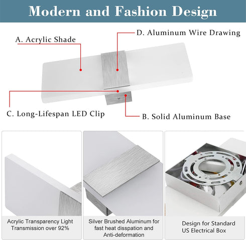 Dimmable 12W, HS521-1 Lightess Modern Wall Sconce Up Down Wall Lights Acrylic LED Wall Lamp for Hallway Bedroom