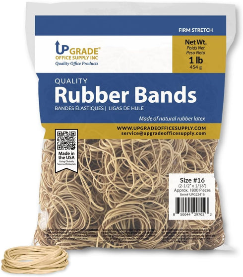 Rubber Bands, Upgrade Office Supply UPG22416, Size #16 (2-1/2" x 1/16"), Natural Crepe, Made in USA (1 Pound Bag)