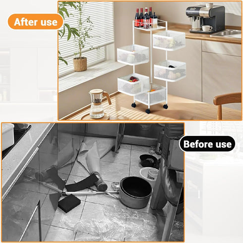Naiveferry 5-Tier Rotating Vegetable Storage Rack with Wheels, Metal Mesh Fruit Basket with Lid, Potato Onion Storage