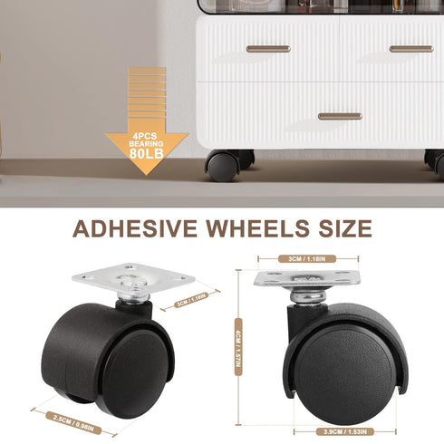 8 PCS 1" Free Punching Pastable Plate Caster with Stickers and Screws, Self Adhesive Swivel Wheels