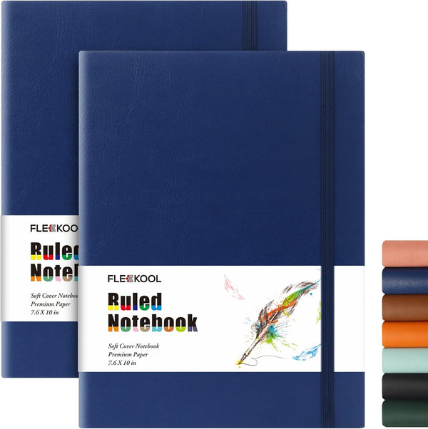 Business Journals 2 PACK, B5 College Ruled Large Soft Cover Journal, 376 Numbered Pages, 7.6" X 10", Inner Pocket (Blue)