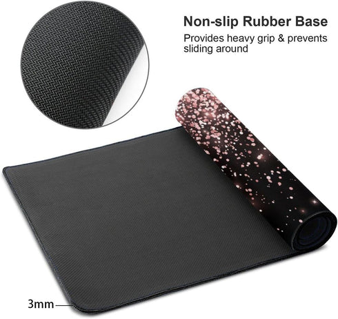 Rose Gold Glitter Black Gaming Mouse Pad, Large XL Extended Desk Pad for Computer PC Laptop Home Office