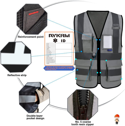 A-SAFETY Grey Security Vest with Zipper Pockets