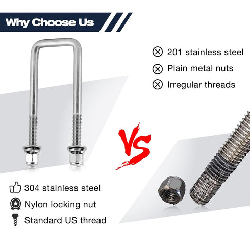 4 Sets Heavy Duty Square U-Bolt Boat Trailer: 2 1/8" W x 5 1/4" L Stainless Steel U-Bolts with Washers