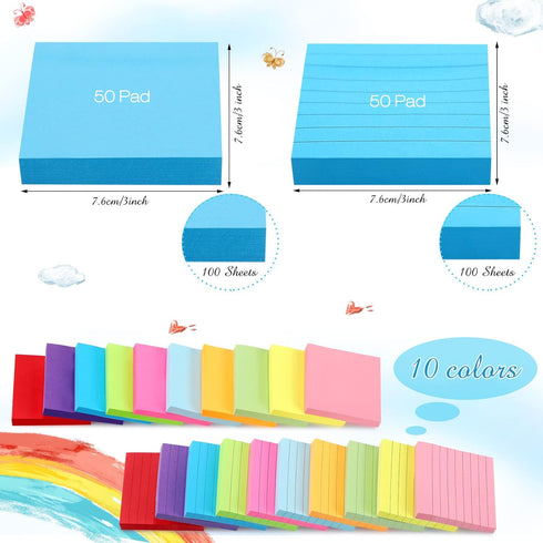 Fuutreo 100 Pad 10000 Sheet Sticky Notes Bulk, 3x3 Inch Lined Self Stick Note Pad, 10 Bright Colors for Student Teacher