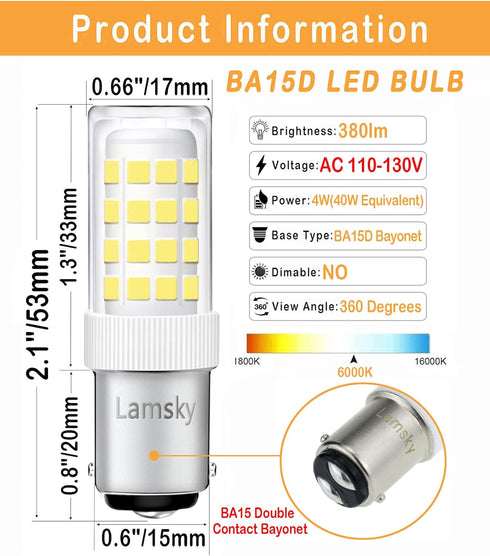 (4-Pack) BA15D LED Double Contact Bayonet Base Sewing Machine Bulb 120 Volts,T3/T4/C7/S6,4W Daylight 6000K,LED 40W Halogen Replacement Bulb,No-Dimmable by Lamsky
