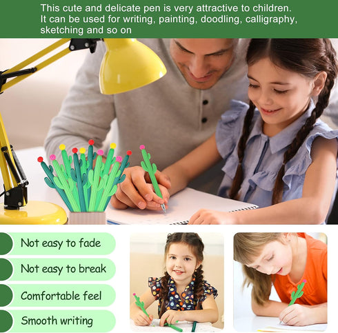 Outus 24 Pieces Cactus Shaped Roller Pens, Green Cactus Pens with Black Gel Ink for Classroom and Office Supplies (Cute