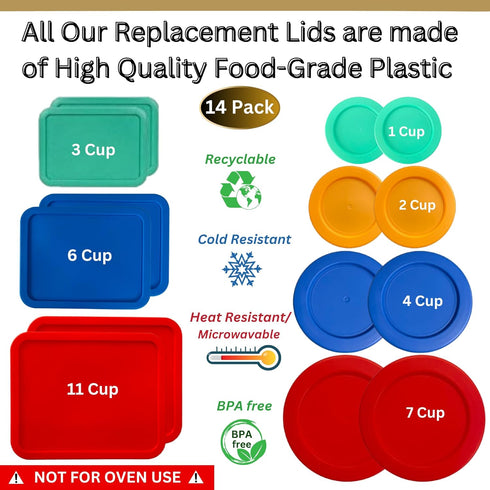 14 Pack Replacement Lids for Pyrex, Anchor Hocking & KlareWare Storage Bowls, 1, 2, 4 & 7 Cup Round, 3, 6, 11 Cup