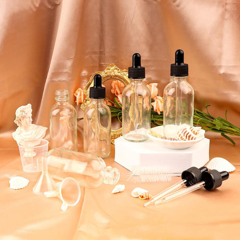 24 Pack 2oz Clear Glass Bottles with Eye Droppers for Essential Oils, Perfumes & Lab Chemicals (Includes Brush,