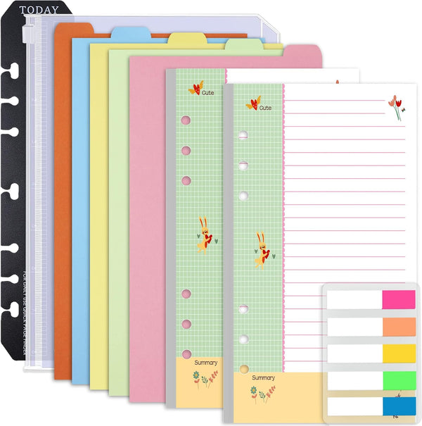 Rancco A6 Planner Refill Paper, 90 Page Colorful 5R Cornell Notes with Zipper Pouch & Binder Divider