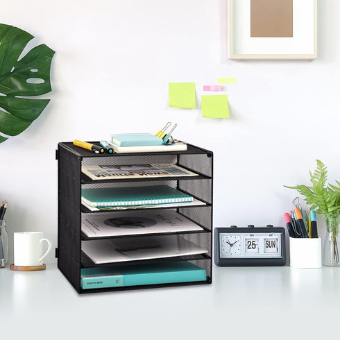 EASEPRES 5 Slot Mesh Desk Organizer Tray, File Paper Letter Holder for Office Home School Classroom Storage